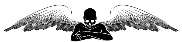 A black and white illustration of an angel with wings, halo, and a skeletal face.