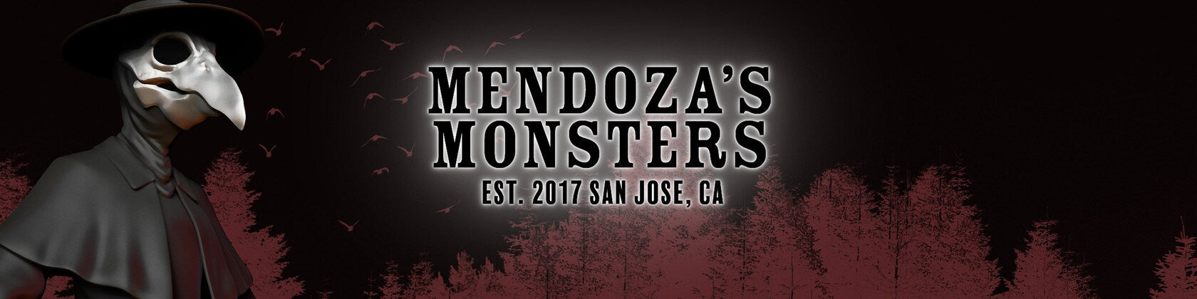 Promotional banner for Mendoza's Monsters with a person in a plague doctor costume against a dark background with red trees.